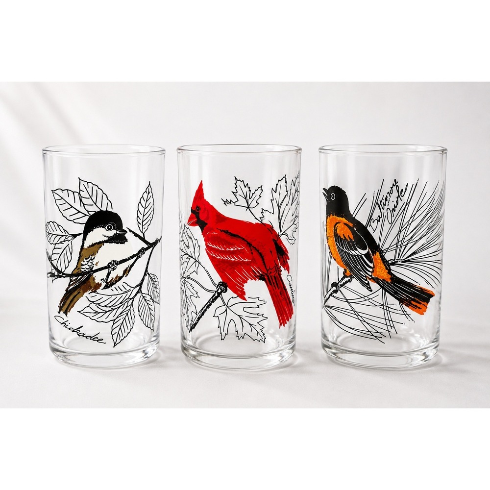 Vintage Style Bird Highball Glasses Set of 3 Cardinal Chickadee Baltimore Oriole